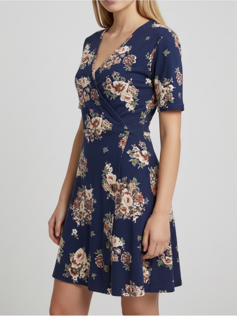 Ultra Flirt, Blue Floral Faux Wrap‎ Dress. Size Large